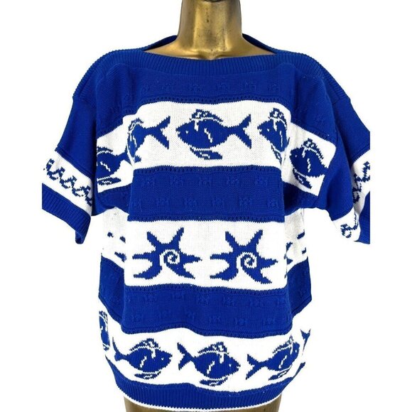 Y2K Fashion Formulas Fish Cropped Sweater L Starfish Nautical Striped Resort - Picture 1 of 7